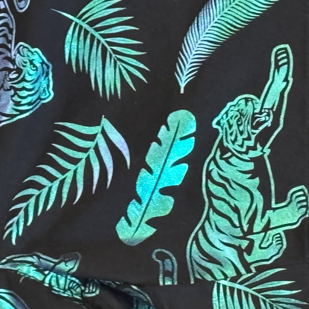UZZI Men's L Swim Shorts Mesh Lined Trunks Black Iridescent Tiger‎ Palms Beach - Picture 5 of 16